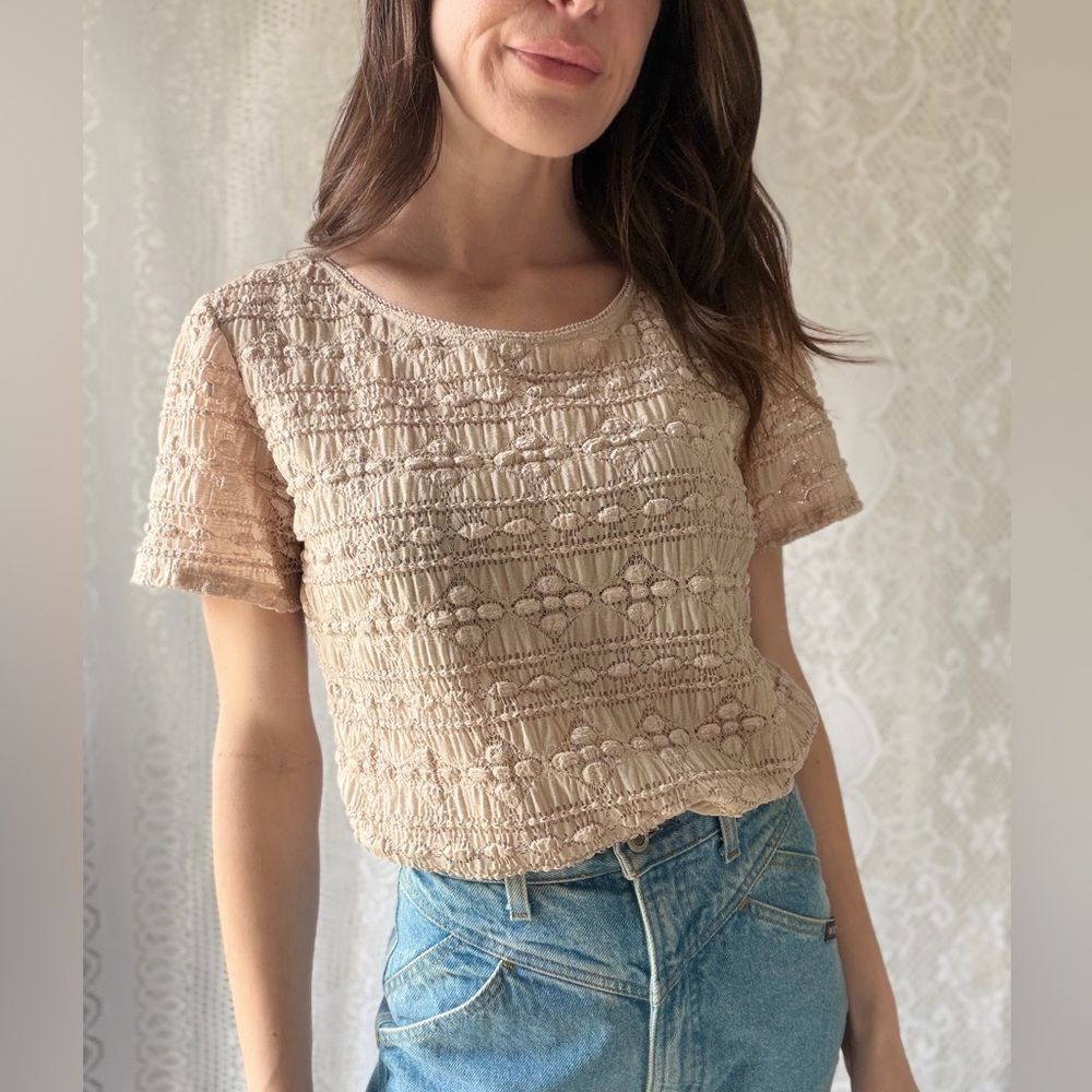 Y2K Beige Lace Top Sheer Romantic Neutral Fitted Tee